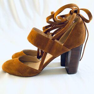 Sole Society Isabelli suede wrap tie block heel Womens Size 8 Cognac brown